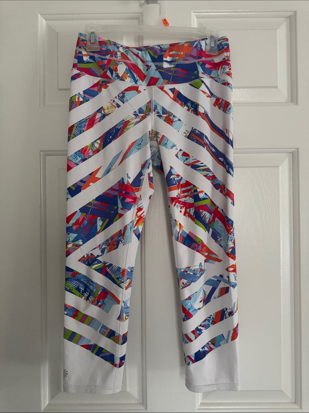 Athleta White Capri Leggings with Multicolor Stripes Size S
